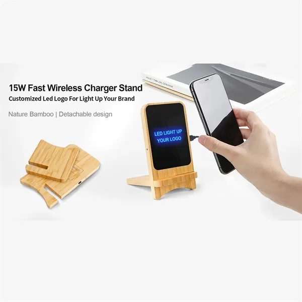 15W Bamboo Detachable Light Up Logo Wireless Charger Stand - 15W Bamboo Detachable Light Up Logo Wireless Charger Stand - Image 2 of 4