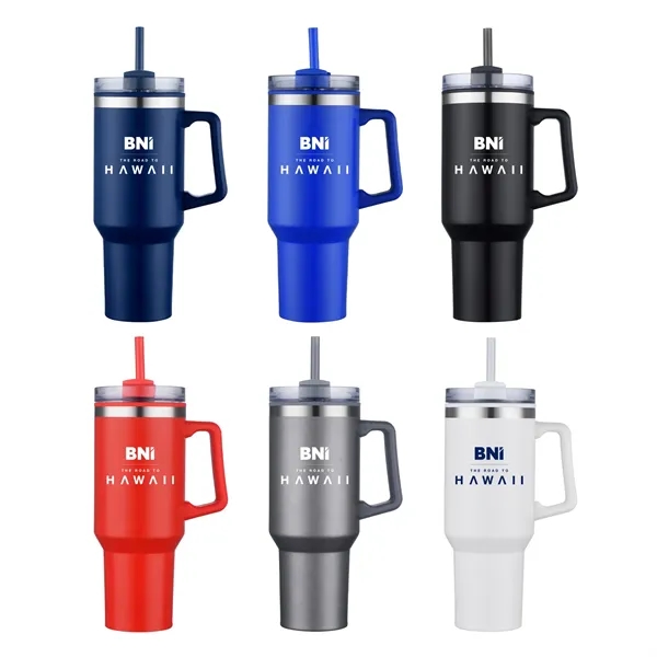 40oz Double Wall Insulated Travel Mug With Handle And Straw - 40oz Double Wall Insulated Travel Mug With Handle And Straw - Image 1 of 2