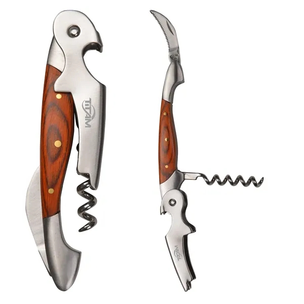 Custom Crafted Wood Metal Wine Opener with Corkscrew & Knife