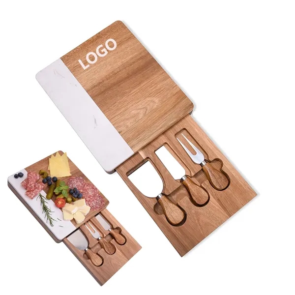 Acacia Wood Marble Cheese Board Set with Tools - Acacia Wood Marble Cheese Board Set with Tools - Image 0 of 5