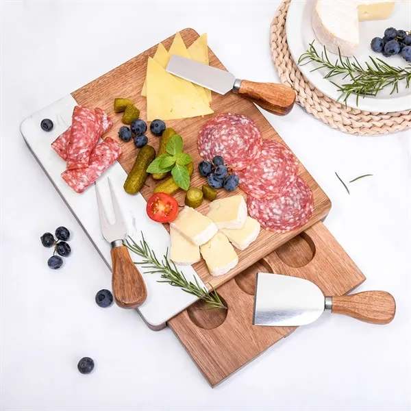 Acacia Wood Marble Cheese Board Set with Tools - Acacia Wood Marble Cheese Board Set with Tools - Image 1 of 5
