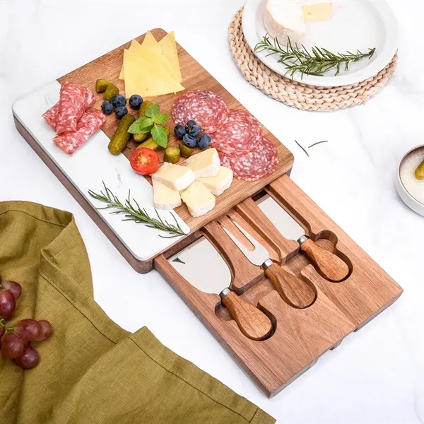 Acacia Wood Marble Cheese Board Set with Tools - Acacia Wood Marble Cheese Board Set with Tools - Image 3 of 5