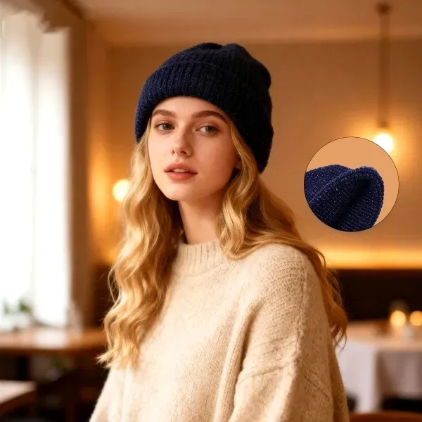 Unisex Shiny Waffle Knit Cuffed Beanie Cap - Unisex Shiny Waffle Knit Cuffed Beanie Cap - Image 2 of 2