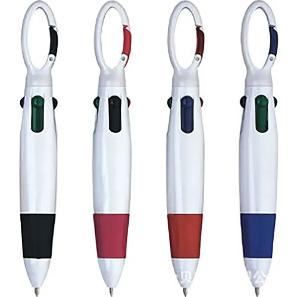 4 Color Multicolored Ballpoint Pen With Carabiner - 4 Color Multicolored Ballpoint Pen With Carabiner - Image 1 of 7
