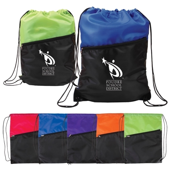 Two-Tone Poly Drawstring Backpack with Zipper - Two-Tone Poly Drawstring Backpack with Zipper - Image 0 of 5
