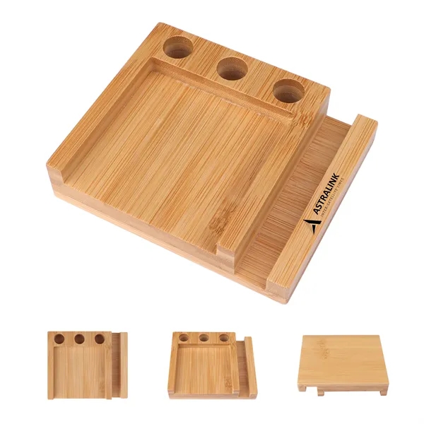 Bamboo Desk Organizer Phone Holder W/ Sticky Notes&Pen Holes - Bamboo Desk Organizer Phone Holder W/ Sticky Notes&Pen Holes - Image 0 of 2