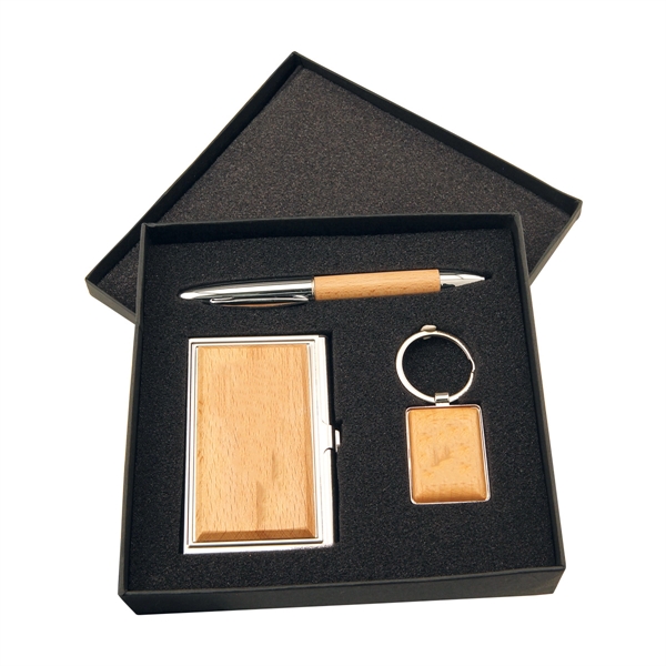 Silver/Wood Gift Set with Business Card Case, Pen & Keychain - Silver/Wood Gift Set with Business Card Case, Pen & Keychain - Image 1 of 1