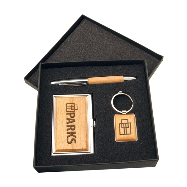 Silver/Wood Gift Set with Business Card Case, Pen & Keychain - Silver/Wood Gift Set with Business Card Case, Pen & Keychain - Image 0 of 1