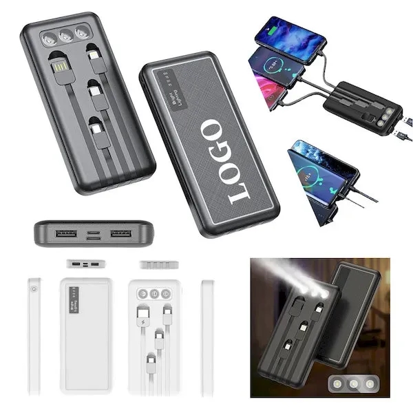 Slim 10000mAh Power Bank with 4 Cables & Light - Slim 10000mAh Power Bank with 4 Cables & Light - Image 0 of 3