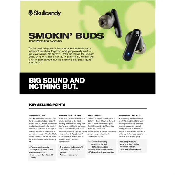 Skullcandy Smokin' Buds True Wireless Earbuds - Skullcandy Smokin' Buds True Wireless Earbuds - Image 1 of 28