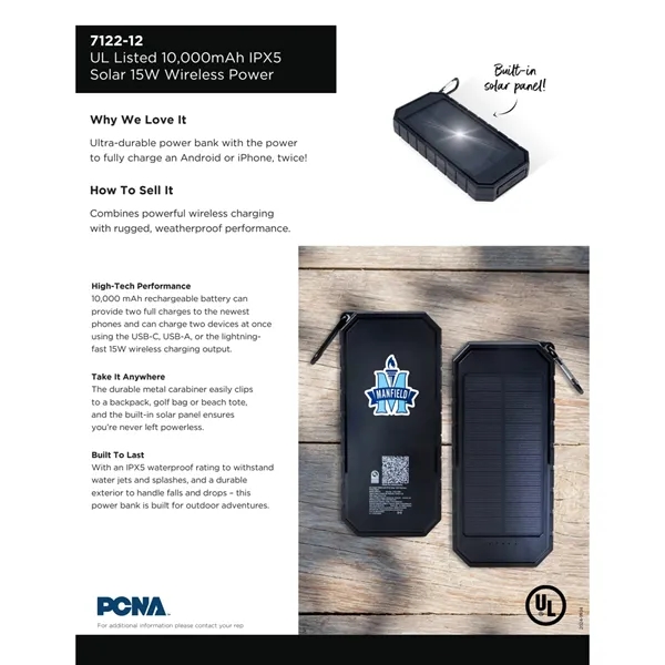 UL Listed 10000 IPX5 Solar 15W Wireless Power Ban - UL Listed 10000 IPX5 Solar 15W Wireless Power Ban - Image 5 of 9