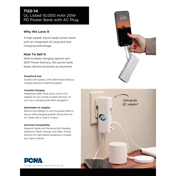 UL Listed 10,000 mAh 20W PD Power Bank with AC Plu - UL Listed 10,000 mAh 20W PD Power Bank with AC Plu - Image 5 of 12