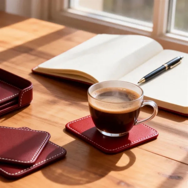 4" Square Leather Coaster Set With Flip Top Holder