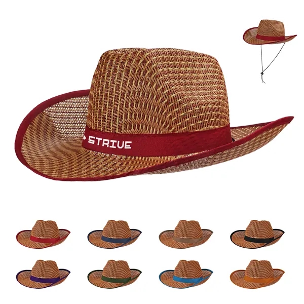 Summer Curved Straw Cowboy Hat With Adjustable Cord