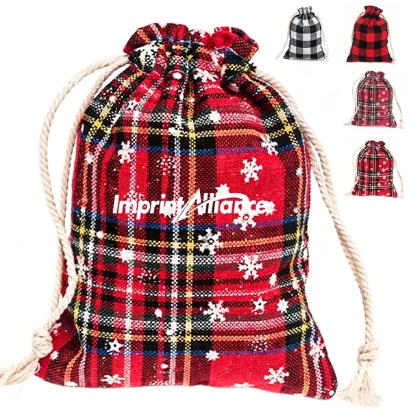 Festive Plaid Cotton Linen Drawstring Christmas Gift Bag Set - Festive Plaid Cotton Linen Drawstring Christmas Gift Bag Set - Image 0 of 7
