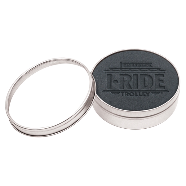Set of 4 Black Leather Coasters w/ Polished Metal Clear Top