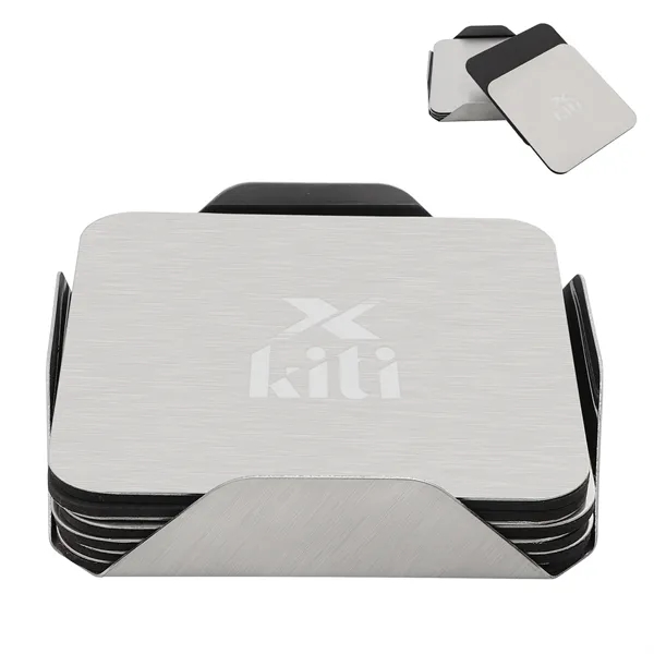 6 Piece Square Stainless Steel Coaster Set With Stand