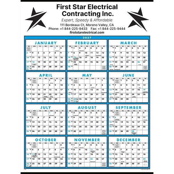 Full Year View Single Sheet Commercial Calendar: 2027