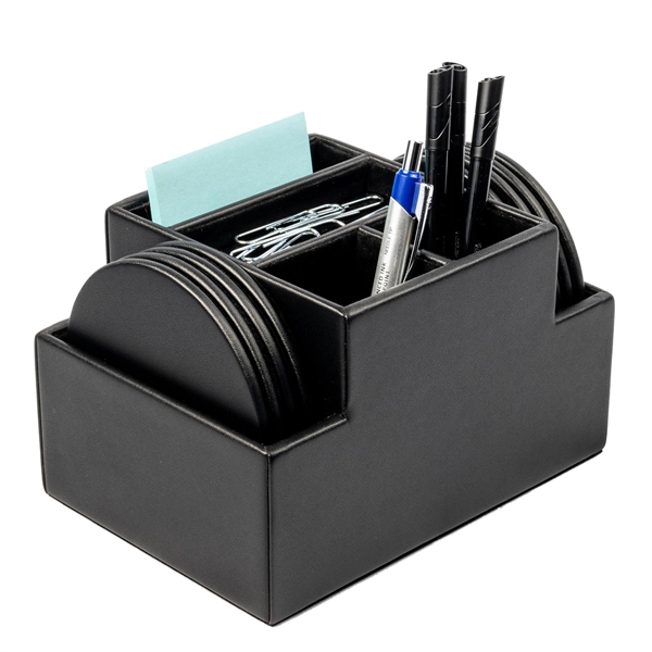 Black Leatherette 8 Round Coasters w/ Multi-Purpose Holder - Black Leatherette 8 Round Coasters w/ Multi-Purpose Holder - Image 0 of 1