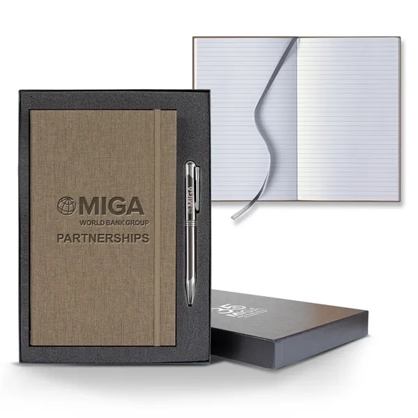 Custom Linen Banded Medio Lined White Page Journal Gift Set