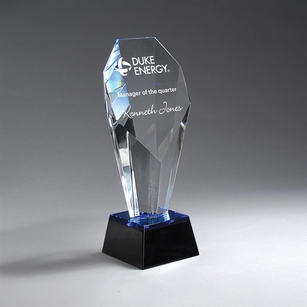 Multi-Faceted Clear Crystal Award with Blue and Black Base