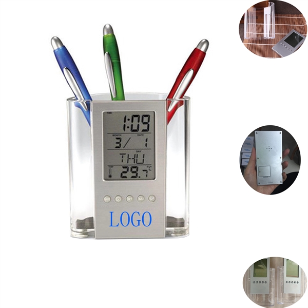 Transparent Pen Holder With Digital Calendar Alarm Clock - Transparent Pen Holder With Digital Calendar Alarm Clock - Image 0 of 0