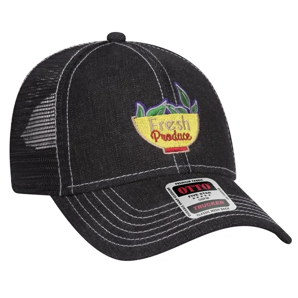 Denim 6 Panel Contrast Stitching Mesh Back Trucker Hat