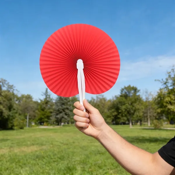 Round Foldable Handheld Paper Fan W/ Plastic Handle