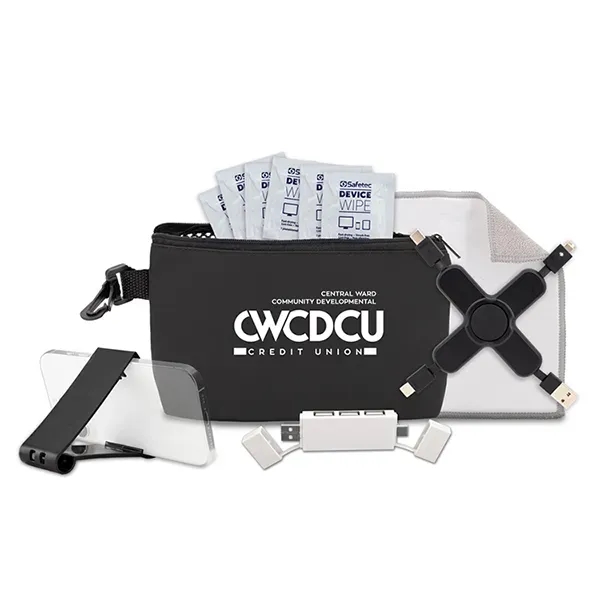 9 pcs Cleaning and Charging Tech Kit in Black Mesh Zipper