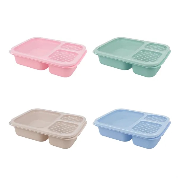3 Compartments Reusable Wheat Straw Bento Lunch Box W/ Lid
