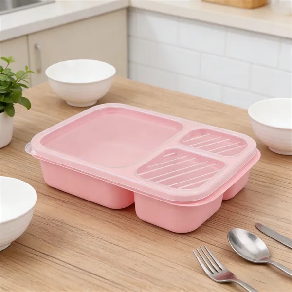 3 Compartments Reusable Wheat Straw Bento Lunch Box W/ Lid
