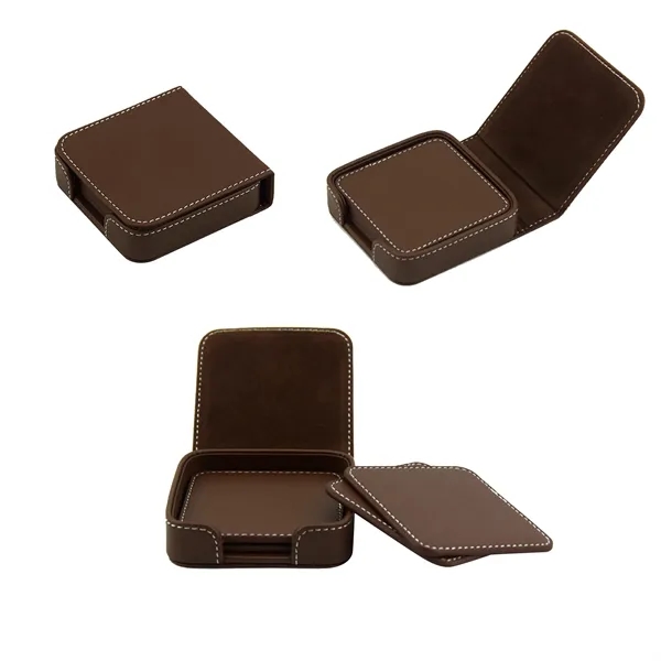 4" Square Leather Coaster Set With Flip Top Holder
