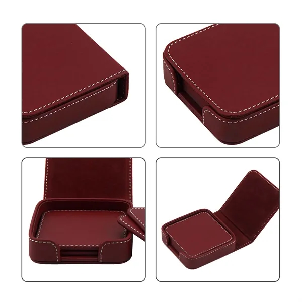 4" Square Leather Coaster Set With Flip Top Holder