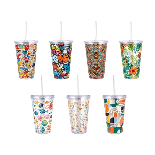 16Oz Full Color Double Wall Clear Tumbler W/ Lid & Straw