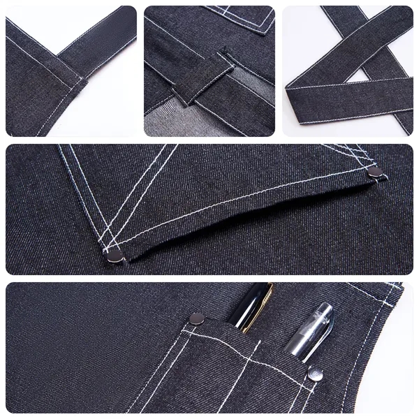 Cotton Denim Kitchen Aprons w/ Cross Strap & 3 pockets