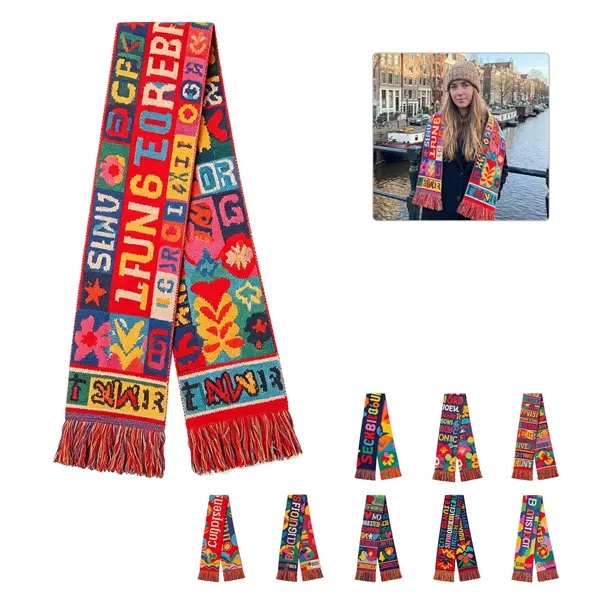 Full Color Jacquard Knitted Sports Fans Scarf W/ Tassel