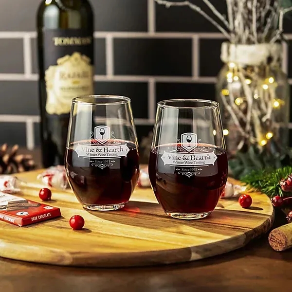 2 Piece Etched Stemless Wine Glass Set
