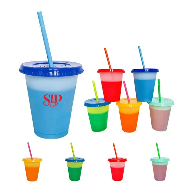 16oz Plastic Color Changing Cups w/ Lids & Straws