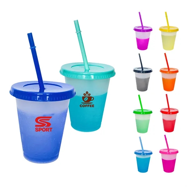 16Oz Reusable Plastic Color Changing Cups W/ Lid & Straw