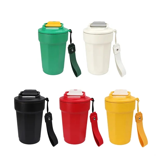 15Oz Travel Insulated Stainless Steel Coffee Mug W/ Strap