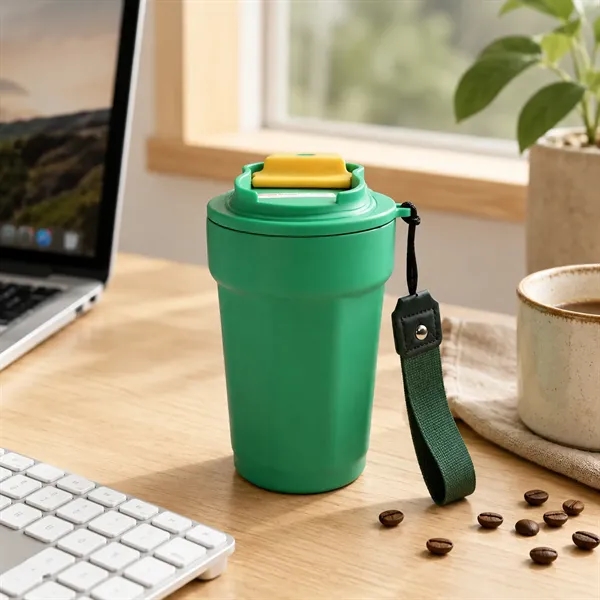 15Oz Travel Insulated Stainless Steel Coffee Mug W/ Strap