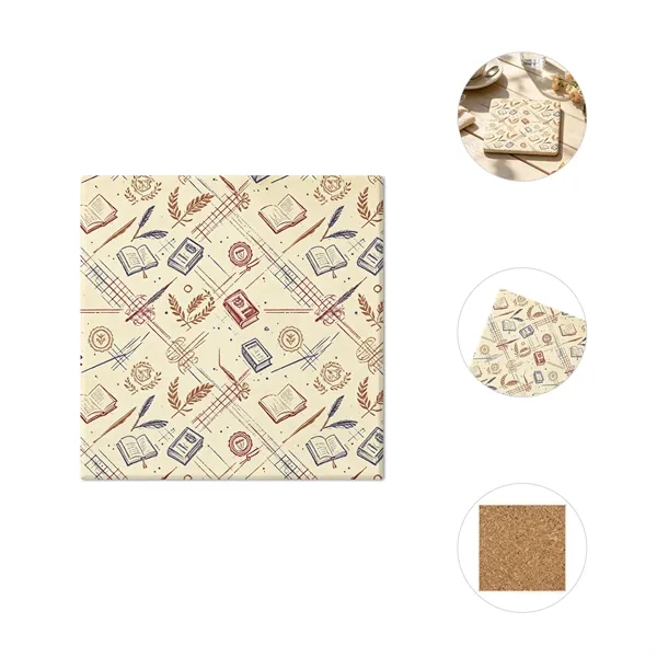 4" Full Color Square Ceramic Coaster W/ Cork Base