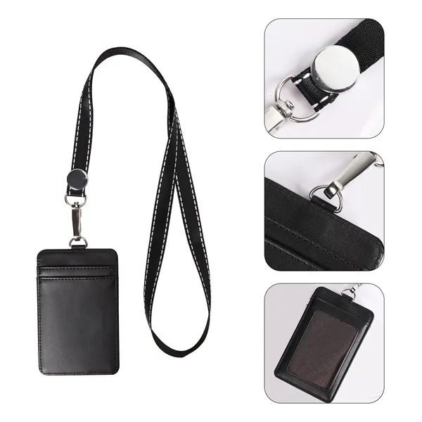 Premium Leather ID Card Badge Holder W/ Lanyard