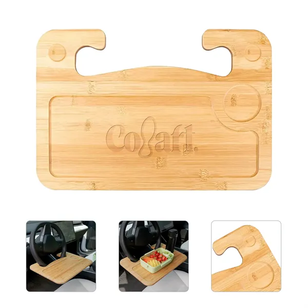 Universal Bamboo Car Steering Wheel Tray W/ Cup Holder