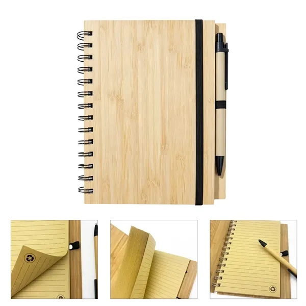 Bamboo Cover Spiral Notebook Journal W/ Pen 5"x7"