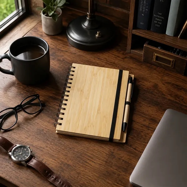 Bamboo Cover Spiral Notebook Journal W/ Pen 5"x7"