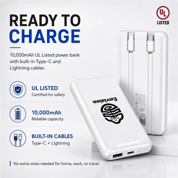 UL Listed 10,000 mAh Power Bank With Cables