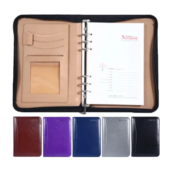 Zipper PU Leather Ring Binder Portfolio