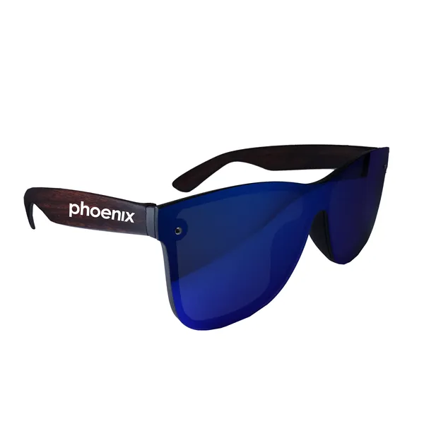 Reflective Frame-less Sunglasses with Wood Tone Arms - Reflective Frame-less Sunglasses with Wood Tone Arms - Image 0 of 2