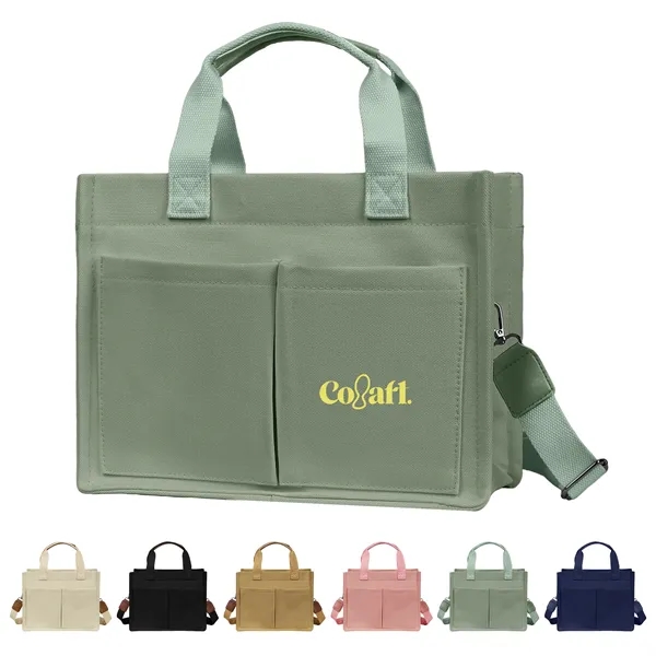 Multi Pocket Cotton Canvas Travel Tote Bag W/ Shoulder Strap